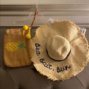 Embroidered Letter Straw Hat and Pouch